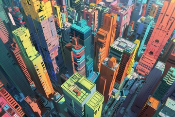 Obraz premium An aerial view of a colorful, cartoon-style city with tall buildings.