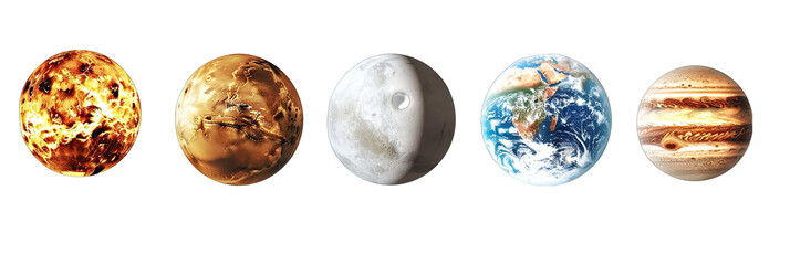 Celestial body collection, sun, planet earth, moon, mars and saturn, set of isolate on Transparency Background