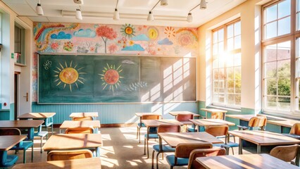 Fototapeta premium A Sun-Drenched Classroom With Desks and a Chalkboard Decorated With Childlike Drawings