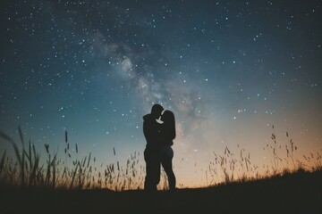A romantic silhouette of a couple embracing under a starry night sky, with a field of grass in the foreground.