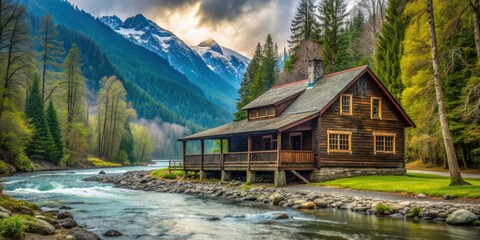 Naklejka premium Historic ski chalet in Enchanted Valley along Quinault River in Olympic National Park