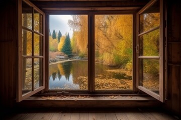 Open Window Overlooking Autumn Trees and Serene Lake