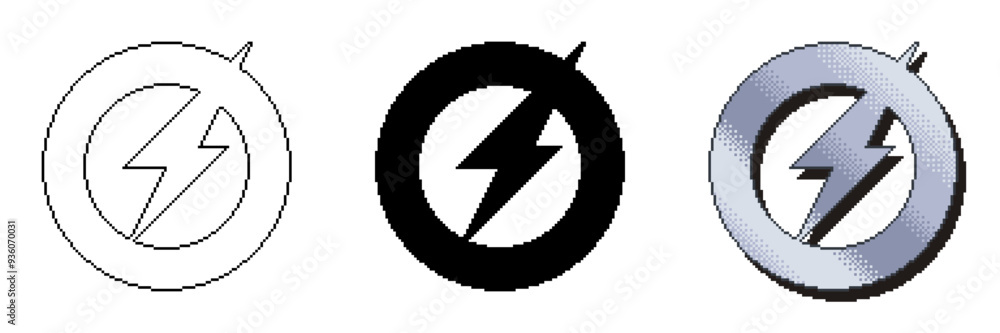 Poster silver thunder marks, pixel styled icon sets and outlined and filled variant