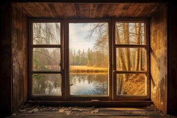 Open Window Overlooking Autumn Trees and Serene Lake