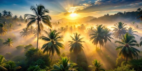 Sunrise in the jungle with palm trees shrouded in fog as the sun's rays peep through the leaves