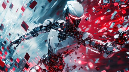 A robot is running through a field of rubble, with debris scattered everywhere