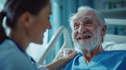 Obraz premium An old man lies on a bed in a hospital ward with Beautiful nurse smiling and caring in the foreground in the hospital room-