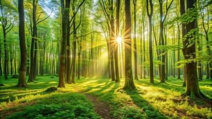 Obraz premium Fresh green forest after winter with sunlight streaming through trees