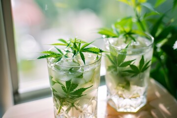 Two glasses of refreshing, cannabis-infused lemonade on a sunny day, garnished with cannabis leaves, representing a blend of relaxation and refreshment.