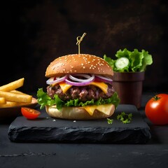 Delicious Burger with fire flames