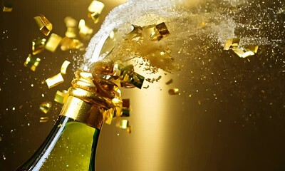 A champagne bottle pops open, releasing a splash of liquid and gold glitter confetti, symbolizing celebration, luxury, and festive occasions