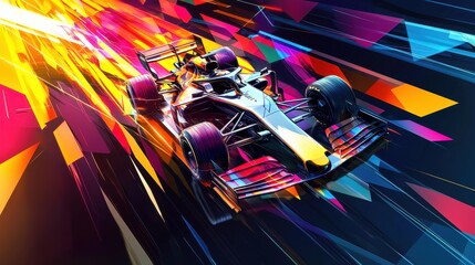 A colorful car is racing down a track, futuristic and vibrant, a dynamic and exciting feel