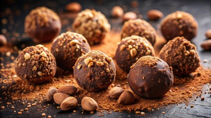 Close up of decadent chocolate truffles dusted with cocoa powder and chopped nuts