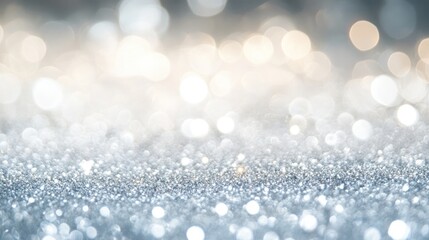 Fototapeta premium Blurry silver and white glitter background with twinkling lights, leaving room for text in the center. Suitable for winter or luxury designs.