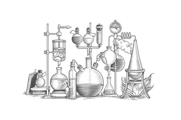 Laboratory, chemistry, alchemy. Hand drawn engraving style illustrations. Etched vector illustration.	