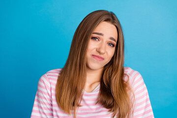 Photo of pretty cute lovely sad woman wear trendy pink clothes isolated on blue color background