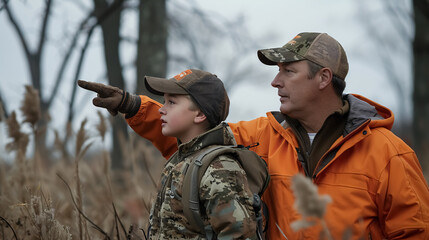 Father pointing and guiding his son on his first deer hunt.