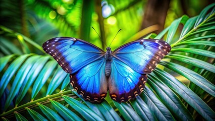 Vibrant blue morpho butterfly with iridescent wings in tropical rainforest setting