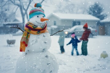 Obraz premium A cheerful snowman wearing a bright scarf and hat, amidst a snowy yard where children play, exuding warmth despite the cold surroundings.