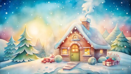 Fototapeta premium Winter cottage in a snowy landscape with a magical atmosphere at sunset