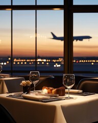 An elegant airport restaurant with travelers dining, soft ambient lighting, and a view of planes taking off through large windows, capturing a serene dining experience, with a focus on the food and