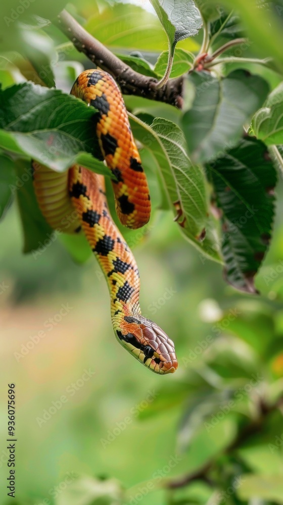 Poster A striking cornrow snake dangles elegantly from the branches, its colorful patterns blending beautifully with the surrounding green foliage under the bright sun