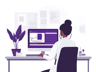 A dedicated scientist explores data on a computer in a modern workspace, surrounded by greenery and research documents.