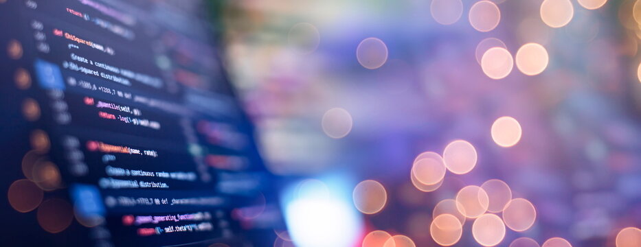 Coding script text on screen. Notebook closeup photo. Running Computer data programming.