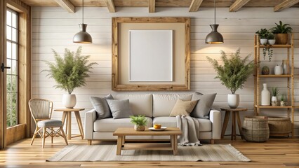 Mockup frame hanging in cozy farmhouse style living room interior render