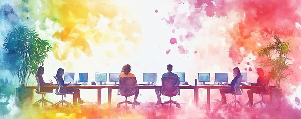 Naklejka premium Business communication teamwork, seamless collaboration, effective messaging, mutual understanding, watercolor style