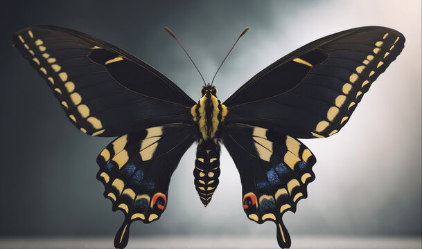 A black and yellow butterfly with red spots on its wings is perched on a white surface