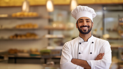 Smiling and Young Indian male chef looking at camera. Chefs baker in a chef dress and hat crossed arms