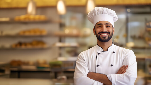 Smiling and Young Indian male chef looking at camera. Chefs baker in a chef dress and hat crossed arms