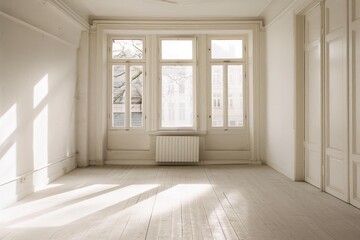 A spacious, sunlit room with an empty layout, white walls, and large windows allowing natural light to flood the space.
