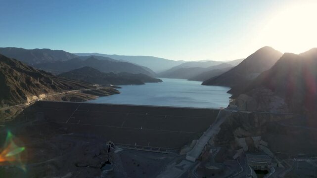 Aerial view of the "Embalse Dique Punta Negra" at sunset, San Juan, Argentina.