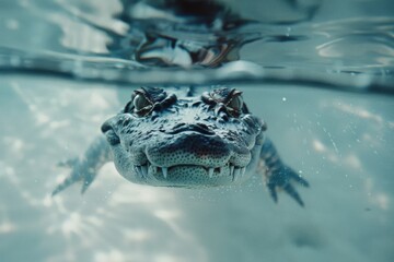 Obraz premium A crocodile emerges from underwater, its eyes peering just above the surface, creating an intense and captivating wildlife moment.