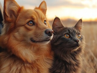 joyful dog and cat companions looking out car window on scenic road trip adventure