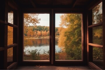 Open Window Overlooking Autumn Trees and Serene Lake