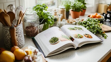 Open Cookbook on Kitchen Counter with Fresh Ingredients