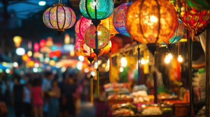 Naklejka premium Vibrant street market in Bangkok, Thailand, showcasing colorful lanterns creating a lively and festive atmosphere