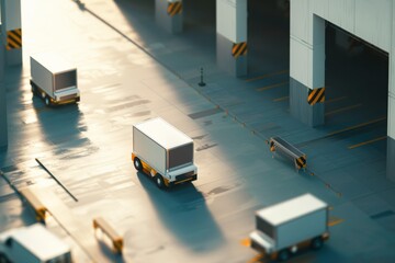 Small delivery trucks maneuver through a large, modern distribution center illuminated by evening sunlight, reflecting a seamless logistics operation.