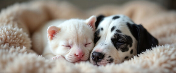Fototapeta premium Portrait of white kitten and Dalmatian dog in a moment of rest sleeping together on a furry quilt.