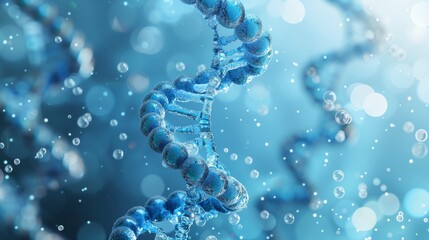 Beautiful blue DNA double helix spiral with light bokeh and bubbles, gracefully floating on a blue background