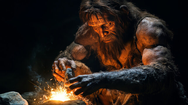 cave man man making fire