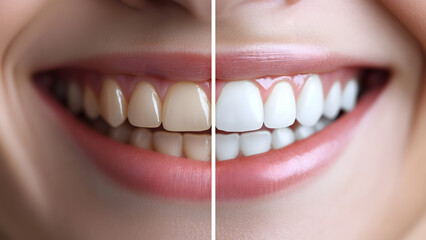 Closeup Perfect smile before and after teeth whitening. Side by side comparison of teeth in Dental care 