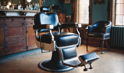 Fototapeta premium A vintage barber chair sits in a barbershop, ready for the next customer