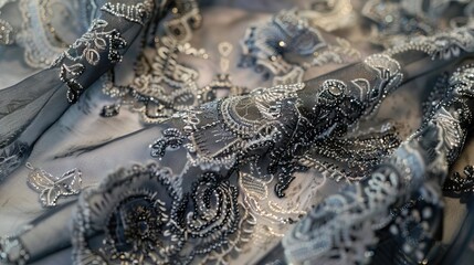 Close up the folded white lace tablecloth with floral pattern. AI generated illustration