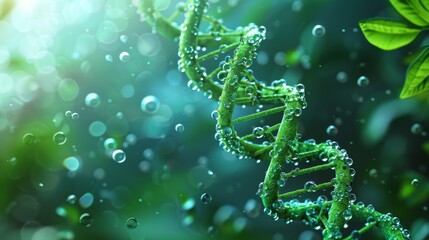 Beautiful blue DNA double helix spiral with light bokeh and bubbles, gracefully floating on a blue background