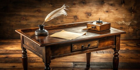 Vintage wooden playwright desk with ink stains, papers scattered, and quill pen on top