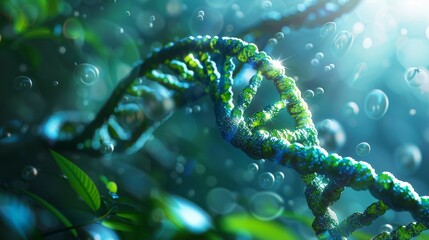 Beautiful blue DNA double helix spiral with light bokeh and bubbles, gracefully floating on a blue background